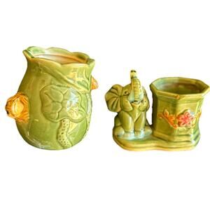 2 VTG Majolica Style Glazed Frogs Lily Pad Planter Vase Pottery & Elephant Pot